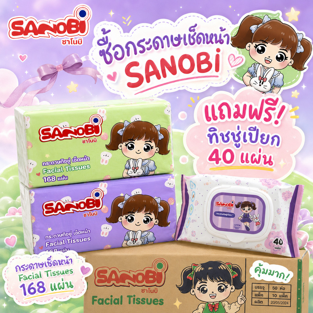 กระดาษเช็ดหน้า 2 ชั้น SANOBI ขนาด 19x19.5cm. จำนวน 168 แผ่น แบบยกลัง
