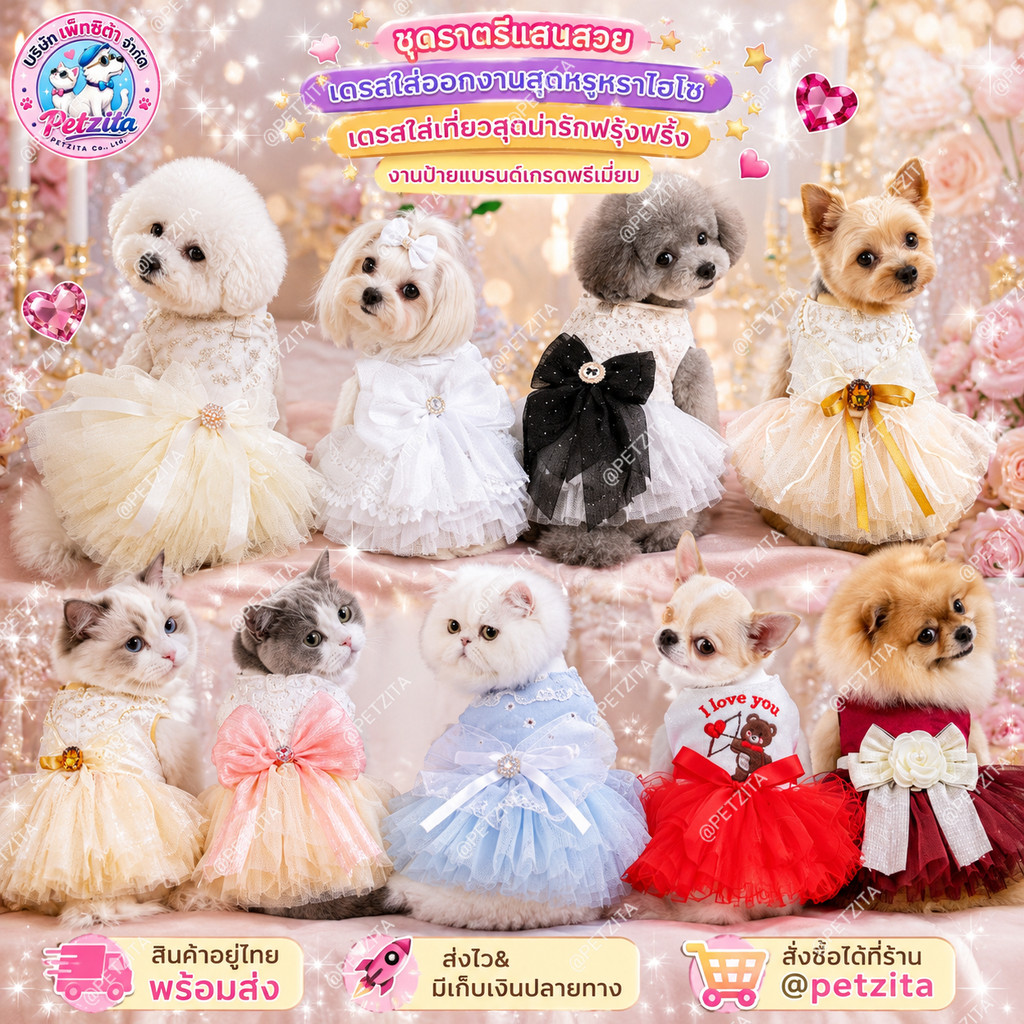 NEW 🇹🇭พร้อมส่ง🇹🇭 💫👗👑 เดรสแสนสวย เดรสนางงาม ชุดราตรี เจ้าสาว งานแต่ง ชุดออกงาน FOR PET สัตว์เลี้ยง สุนัข หมา แมว