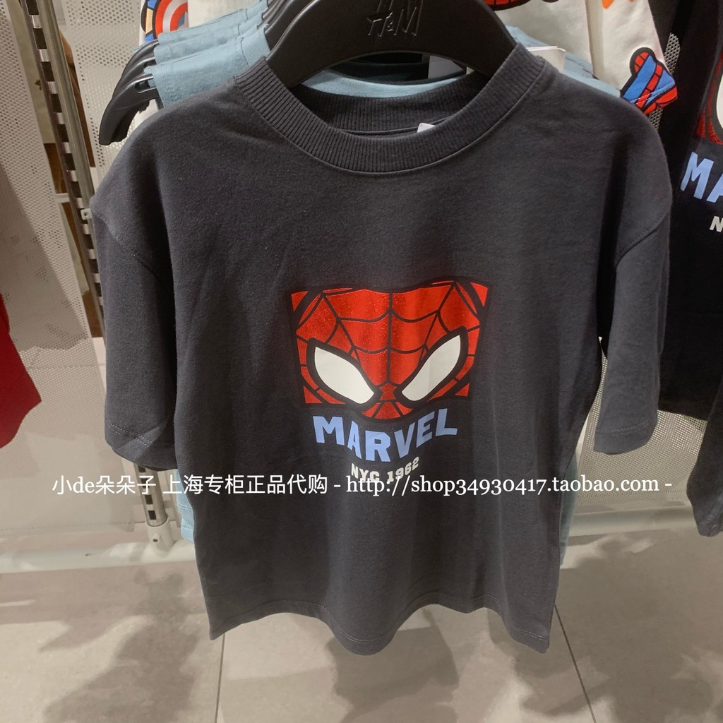 HM boy baby เสื้อยืดแขนสั้นคอกลม MARVEL Spider Man สีดํา