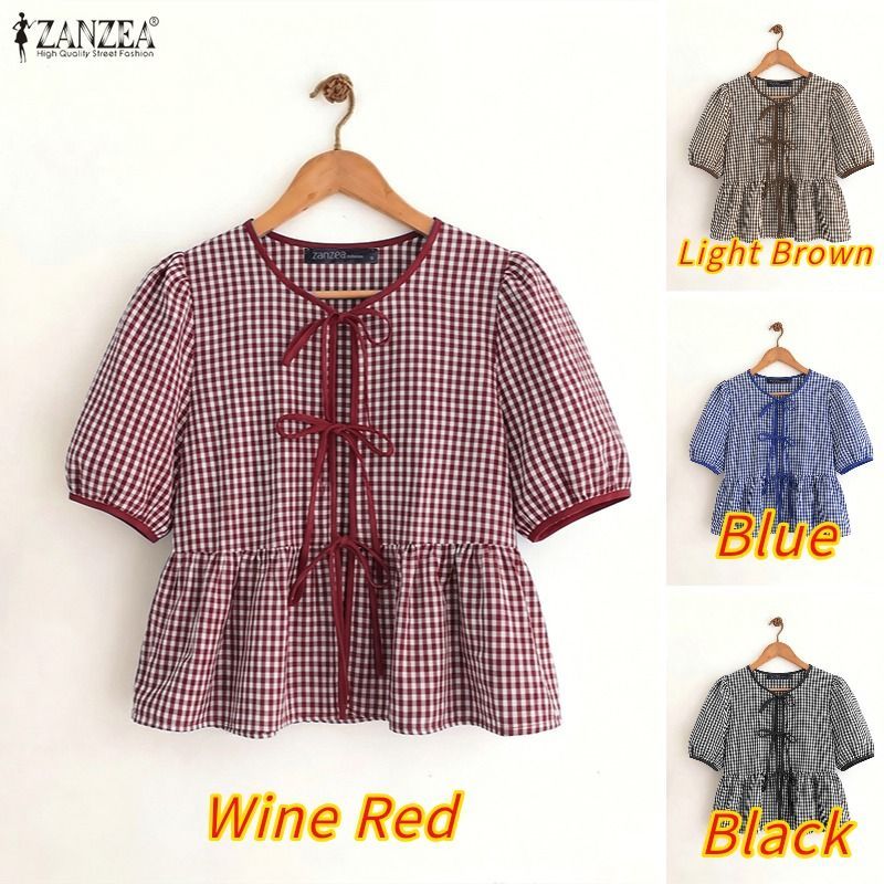 ZANZEA ผู้หญิงเกาหลี Retro Girlish รอบคอพัฟแขน Tie Bows Ruffles Hem Checkered A-Line เสื้อเบลาส์ — صورة 3