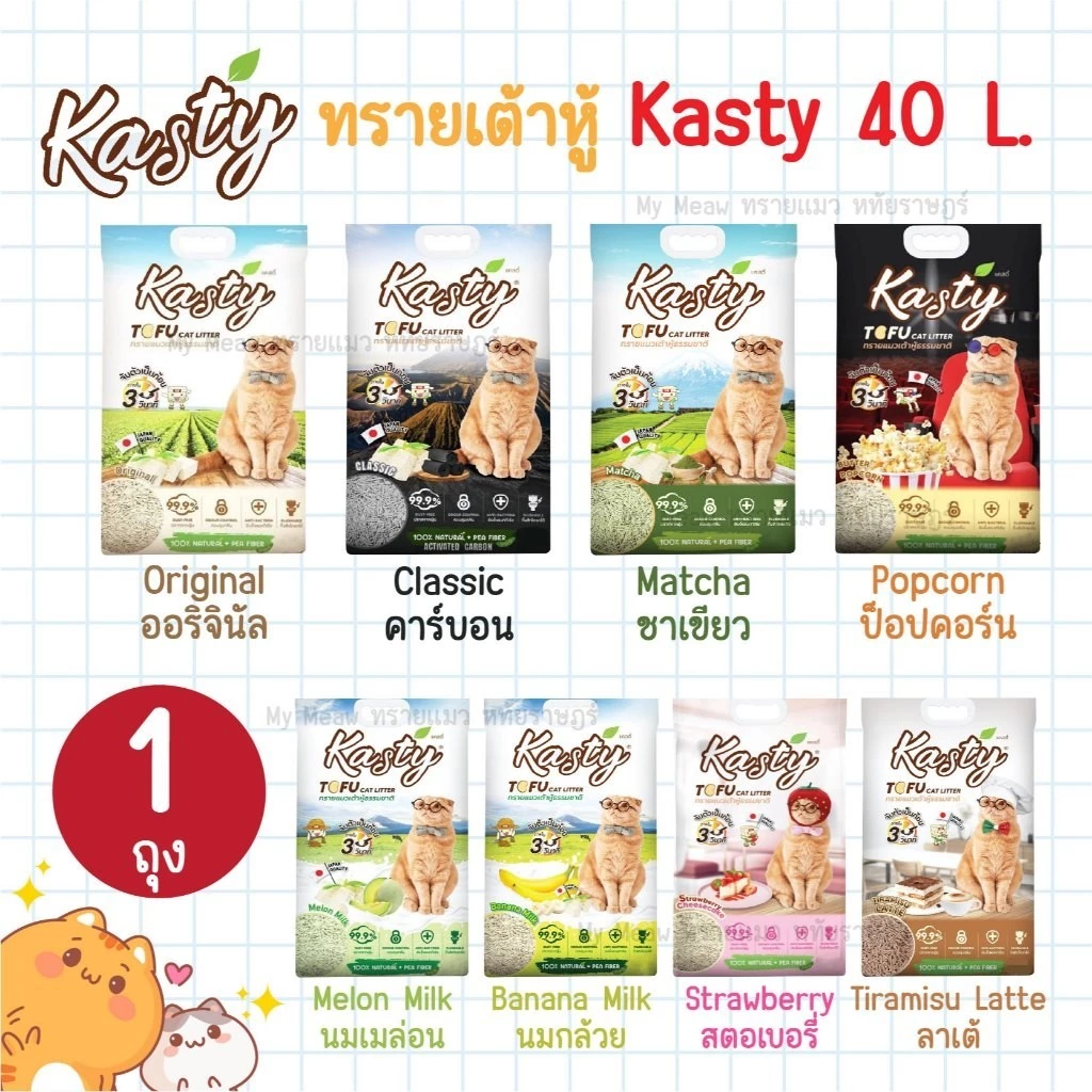 [ 40 L ] Kasty แคสตี้ ทรายแมวเต้าหู้ ธรรมชาติ 100% ขนาด 40 ลิตร ทิ้งชักโครกได้
