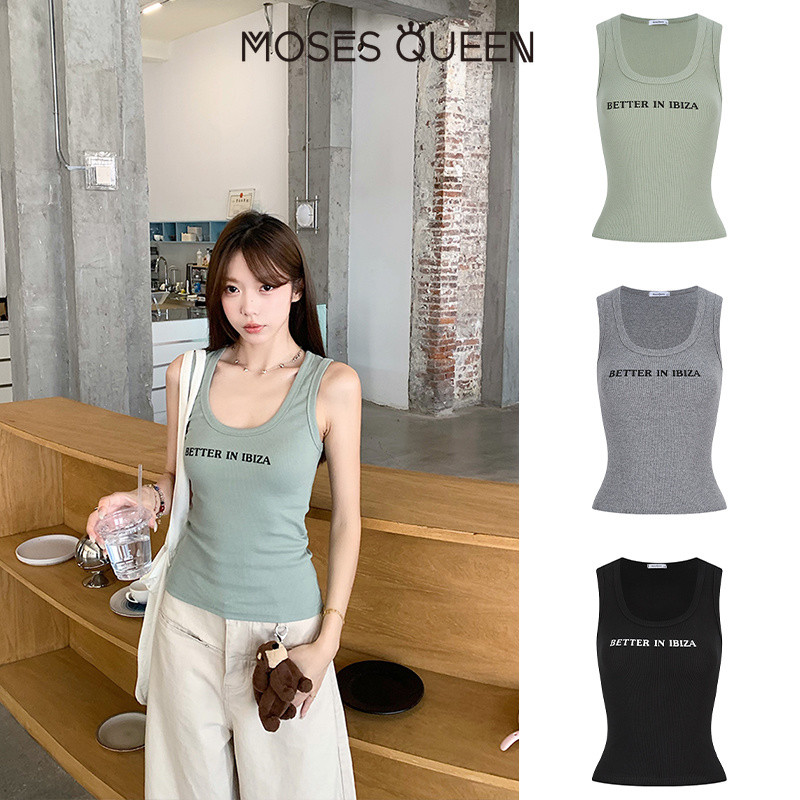 MOSESQUEEN เสื้อวงเคอลายตัวอักษรสาวฮอตสําหรับผู้หญิงเหมาะกับฤดูร้อนทรงเข้ารูปและอเนกประสงค์เสื้อแขนกุด #63795
