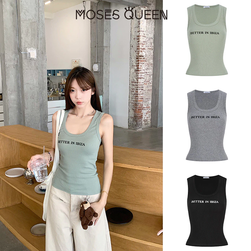 MOSESQUEEN เสื้อวงเคอลายตัวอักษรสาวฮอตสําหรับผู้หญิงเหมาะกับฤดูร้อนทรงเข้ารูปและอเนกประสงค์เสื้อแขนกุด #63795