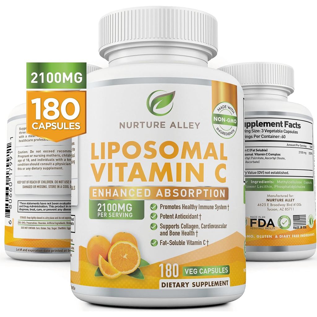 Lipid Vitamin C 2100mg-180 แคปซูลการดูดซึมสูง Anti-Ascorbic Acid-สนับสนุนระบบภูมิคุ้มกันและคอลลาเจนบ