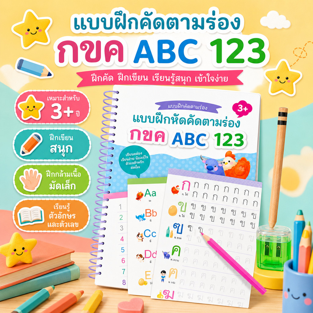 แบบฝึกคัดตามร่อง กไก่ ABC 123