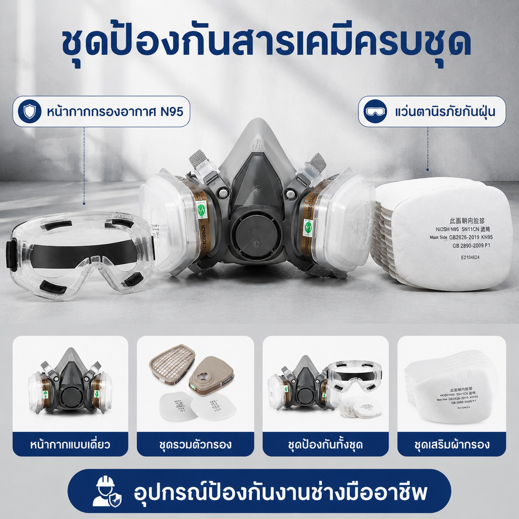 ชุดหน้ากากป้องกันฝุ่นและสารเคมี N95 แว่นตาป้องกันฝุ่นและก๊าซ หน้ากากกรองกลิ่น
