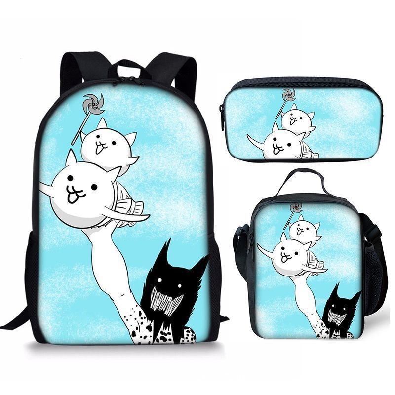 Cat Battle the Battle cats ชุดสามชิ้นกระเป๋านักเรียนปากกากระเป๋าเป้สะพายหลังนักเรียน Yama