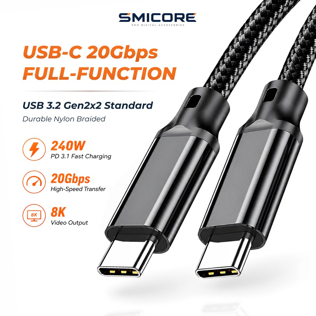 สาย USB-C USB 3.2 Gen2x2 20Gbps PD 240W สายถัก รองรับ DP Alt Mode ต่อจอ 8K ชาร์จเร็ว โอนข้อมูลไว Type-C