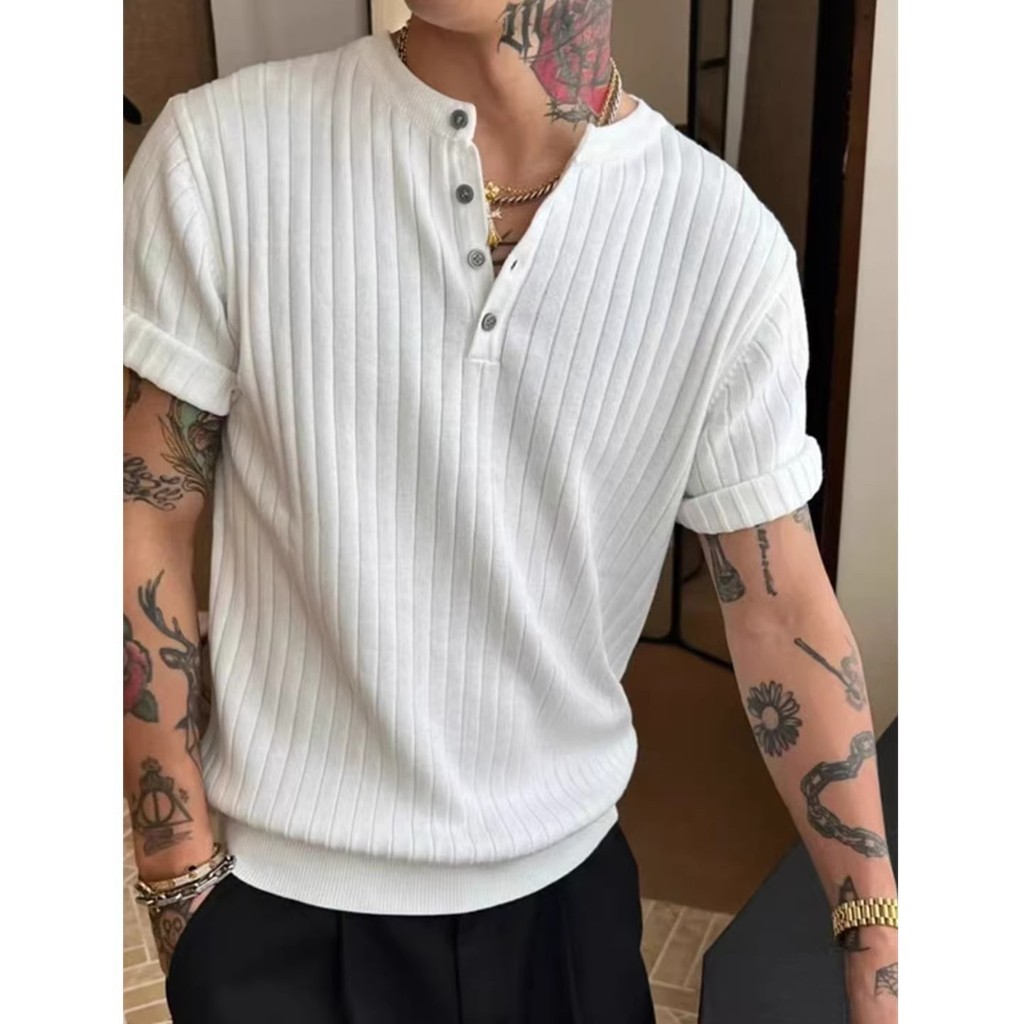 เงินเก่าสไตล์หลุมแถบเฮนรี่คอปกแขนสั้นเสื้อยืดผู้ชายฤดูร้อนผ้าไหมน้ําแข็งเสื้อกันหนาวแสงผู้ใหญ่สไตล์พ