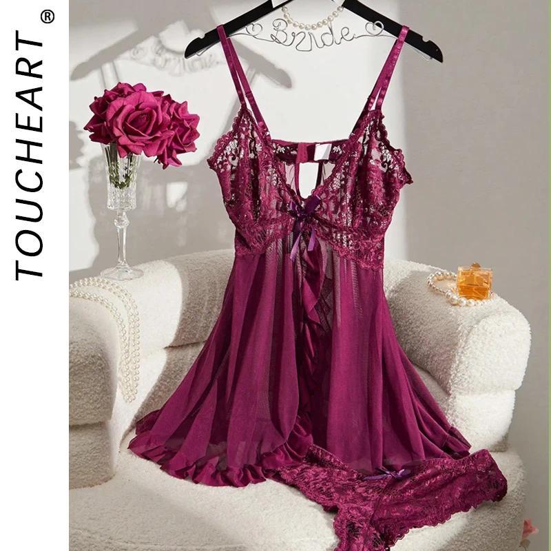 TOUToucheart Contrast Lace Nightgown Deep V Backless Bow Slip Dress Women Sexy See-Through Slit Lace