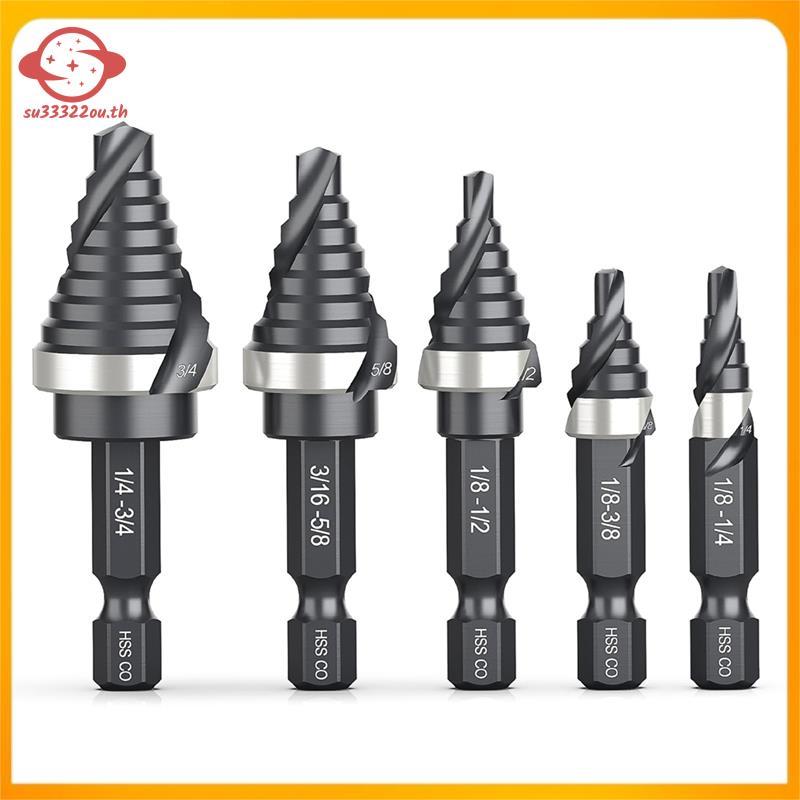 (su33322ou.th) M35 Cobalt Spiral Flute Step Drill Bit Set, 5 ชิ้นขนาดเดียว HSS Step Bits (1/8"-3/4")