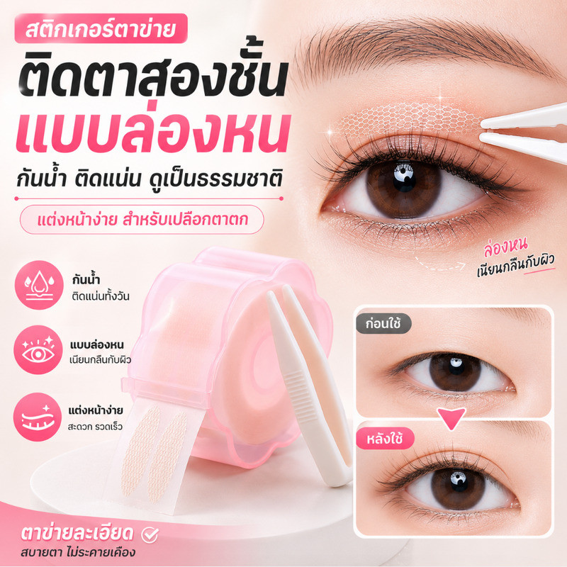 HOT สติกเกอร์ตาข่ายติดตาสองชั้นแบบล่องหน กันน้ำ ติดแน่น ดูเป็นธรรมชาติ แต่งหน้าง่าย สำหรับเปลือกตาตก