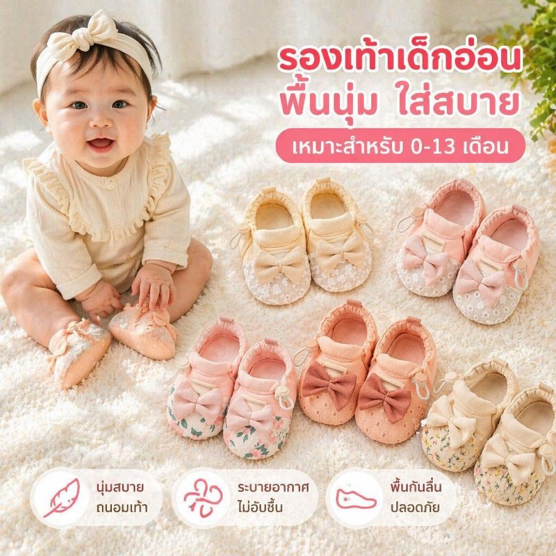 รองเท้าเด็กแรกเกิด รองเท้าเด็กหัดเดิน ผ้าฝ้าย นุ่ม ระบายอากาศ พื้นกันลื่น ลายดอกไม้ โบว์