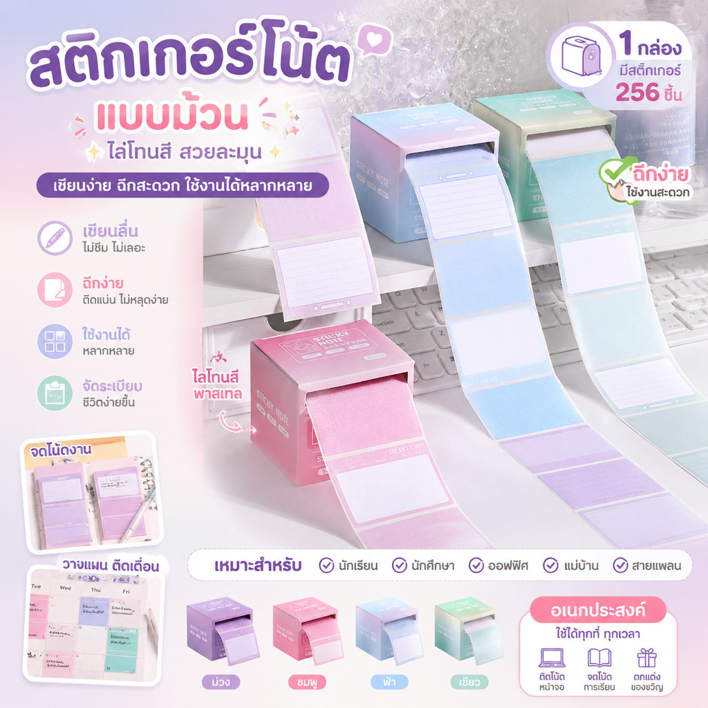 สติกเกอร์โน้ตบุ๊ก สติกเกอร์กระดาษโน๊ตแบบม้วน ชุดม้วนกระดาษโน้ต ไล่โทนสี ฉีกได้ อเนกประสงค์ หนึ่งกล่องมีสติกเกอร์ 256ชิ้น
