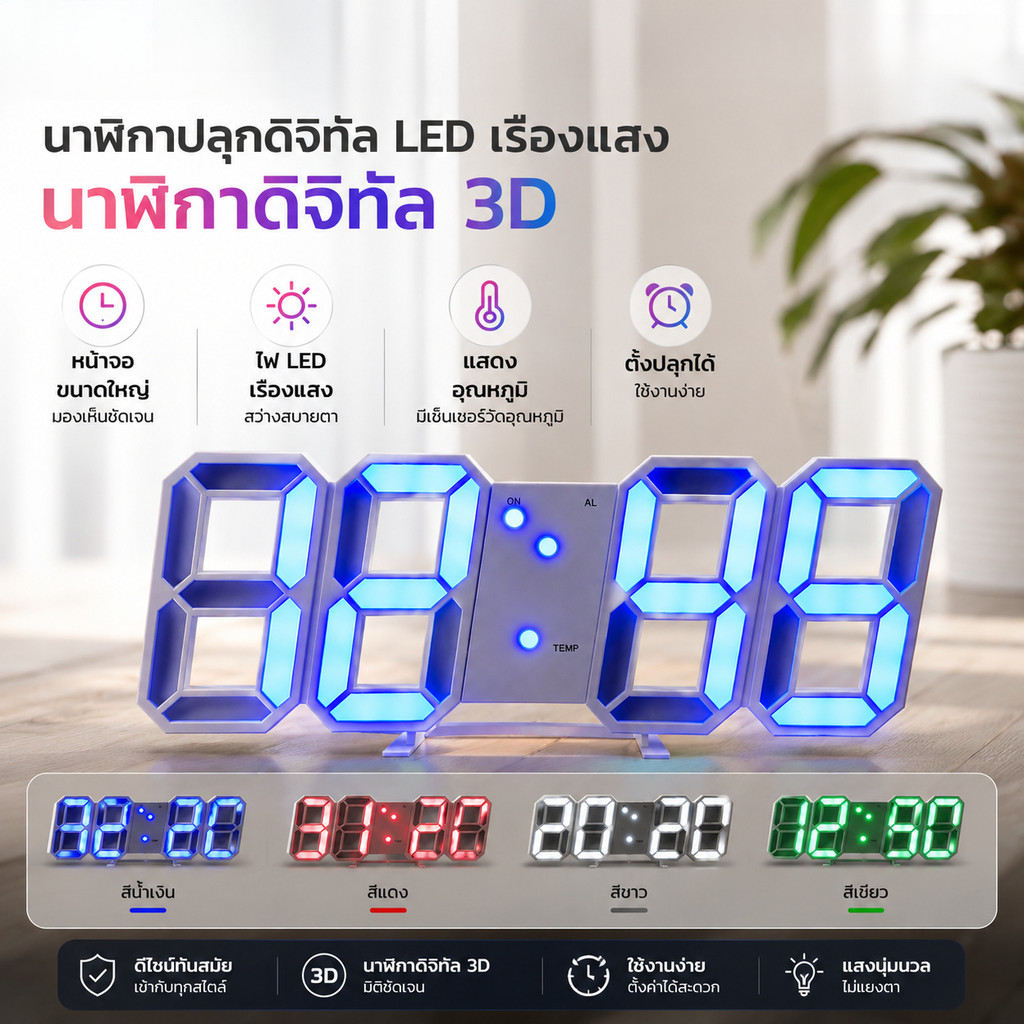 นาฬิกา LED 3D นาฬิกาดิจิตอล นาฬิกาปลุก ติดผนัง/ตั้งโต๊ะ จอใหญ่ แสดงวัน เวลา อุณหภูมิ หรี่แสงอัตโนมัติ ปลุก 3 ชุด ME026