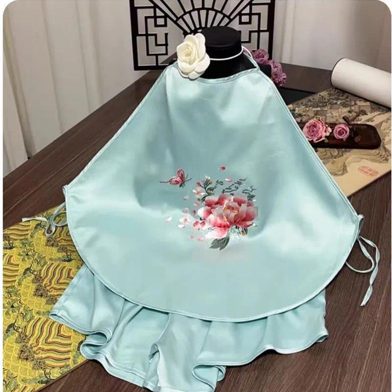 ELRetro Embroidered Pajamas Suspender Top Shorts Sexy Chinese Hanfu Bellyband Female Adult Nightwear