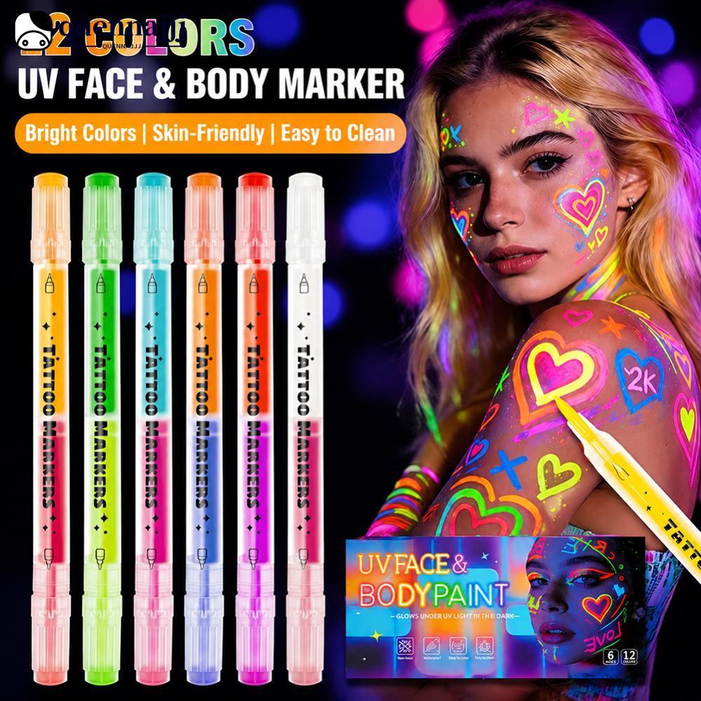 QHENNA Double-Tip เรืองแสงชั่วคราว Tattoo ปากกา Body Paint Markers ล้างทําความสะอาดได้ Face Paint สํ