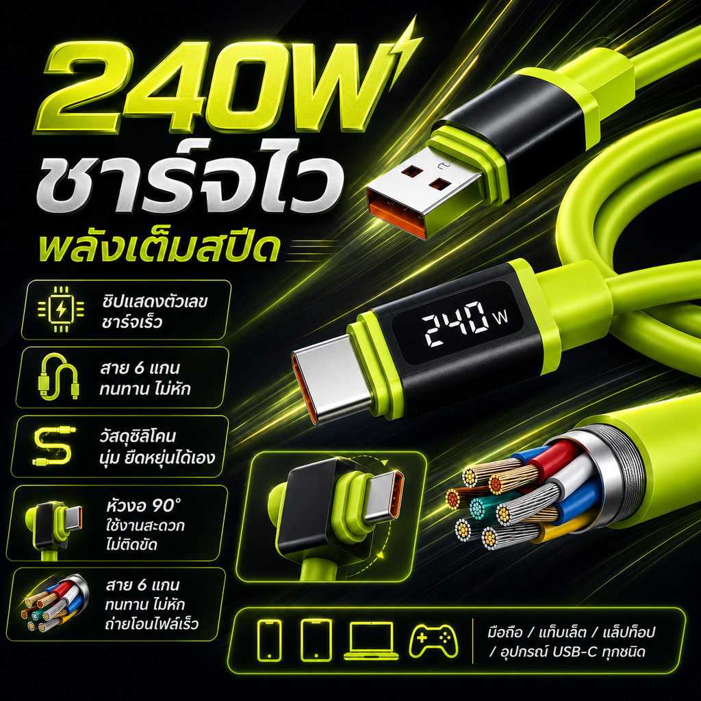 สายชาร์จ USB-C to USB-C 240W PD สายถักไนลอน มีหัวตรงและหัวงอ 90° ถ่ายโอนข้อมูล ME051