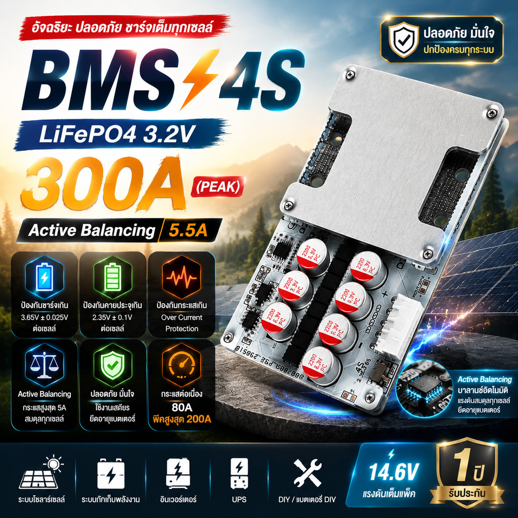 (BMS LiFePO4 +Activeในตัว) แบตเตอรี่ลิเธียมฟอสเฟต BMS 4S 300A Peak 300A มี Active Balance 5.5A. ในตัว ใช้กับLiFePO4 3.2v