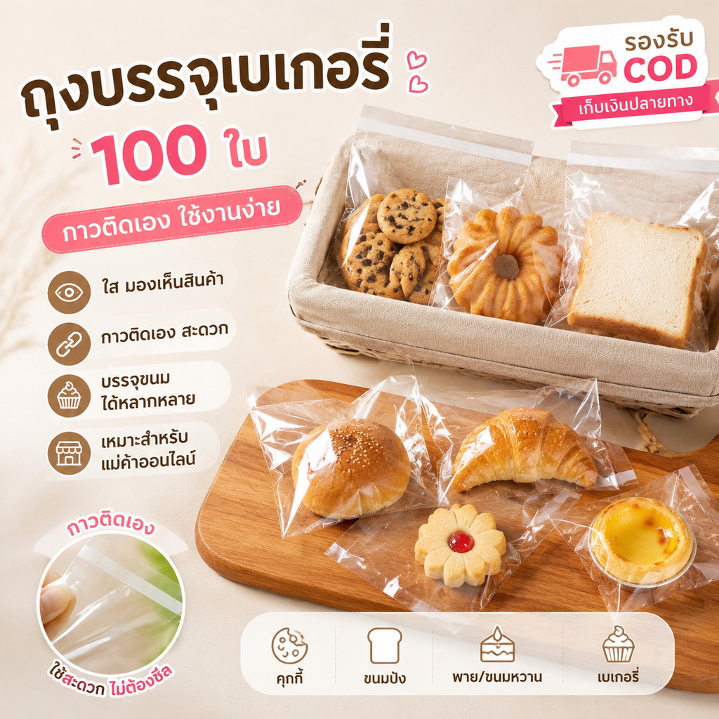 ถุงเบเกอรี่ฝากาว 100 ใบ ถุงคุกกี้ ถุงขนม ถุงแพ็คขนม ใช้งานง่าย สำหรับร้านค้าออนไลน์