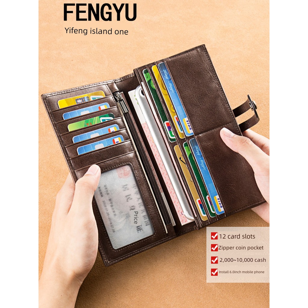 wallet กระเป๋าตัง FENGYU FENGYU Mens Oil Wax Texture Wallet Long Style 2025 สไตล์ใหม่ Multi-Card Slo