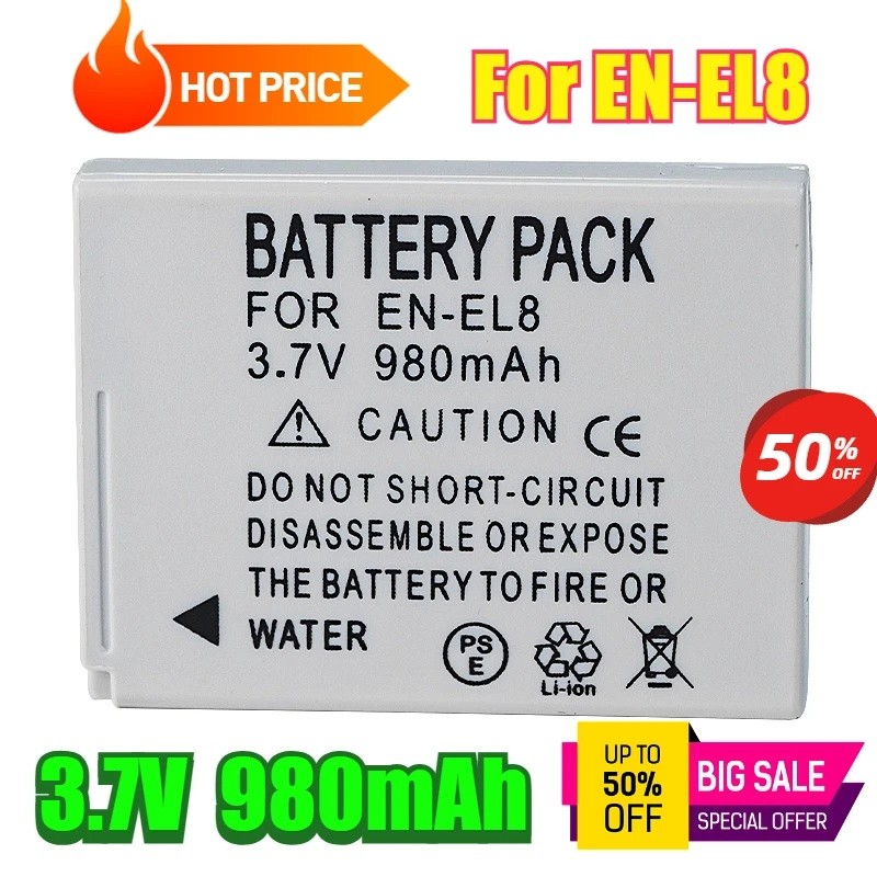 3.7V 980mAh EN-EL8 แบตเตอรี่สําหรับ Nikon S1 S2 S3 P1 P2 S51 S50 S52 L2 S5 S6 S7 แบตเตอรี่กล้อง