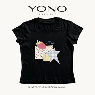 (พร้อมส่ง24ชม.) YONO baby tee สีชมพู ลายดาวตารางและกราฟิกพาสเทล ทรงเข้ารูป สไตล์เกาหลี y2k