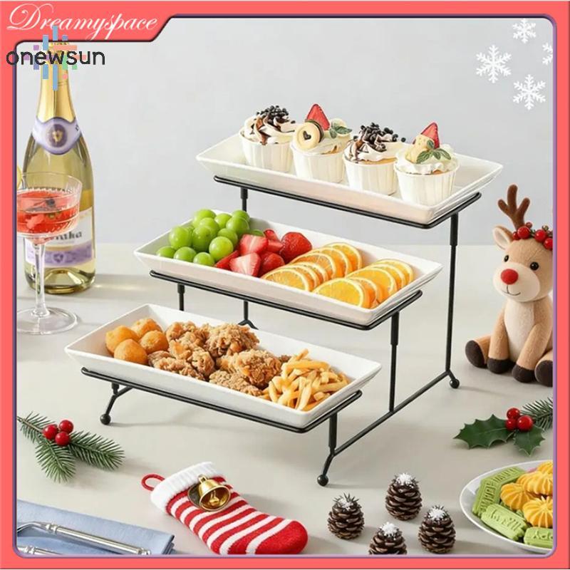 Onew 3 ชั้นสี่เหลี่ยมผืนผ้าเสิร์ฟ Platter Stylish Pastry Stand Display สําหรับร้านเบเกอรี่โต๊ะขนมจัด