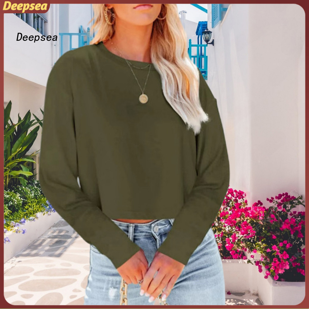 DPA ผู้หญิงs รอบคอแขนยาวหลวม Fit Cropped Top – สีทึบสบายๆสวมใส่ทุกวันสําหรับสไตล์เอเชียตะวันออกเฉียง