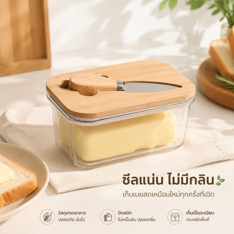 กล่องใส่เนย พลาสติก PET ใส ฝาไม้ไผ่ ซีลกันกลิ่น พร้อมมีดทาเนย สแตนเลส หลายขนาด