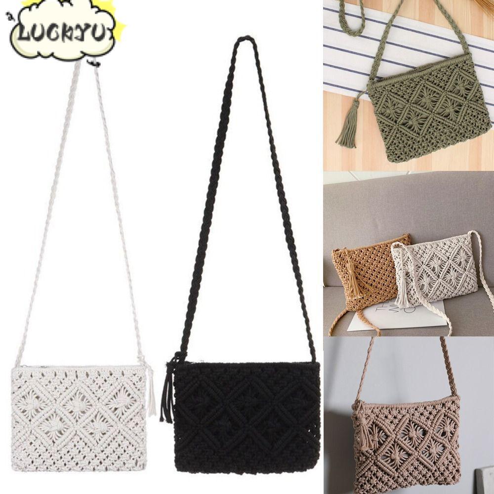 LUCKYU กระเป๋าผ้า Bohemian Messenger Bag Summer Straw Beach Bag