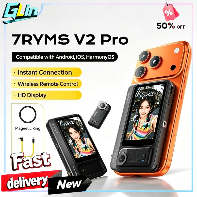 7RYMS Qshot V2 Pro สมาร์ทโฟน Vlog ไร้สาย Magnetic Selfie Monitor หน้าจอลําโพงระยะไกล 4K/60fps เอาต์พ