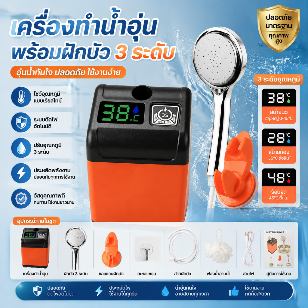 เครื่องทำน้ำอุ่นพกพา พร้อมฝักบัวไฟฟ้า 3 ระดับ อาบน้ำได้ทุกที่ เหมาะสำหรับแคมป์ปิ้ง เดินทาง ตั้งแคมป์