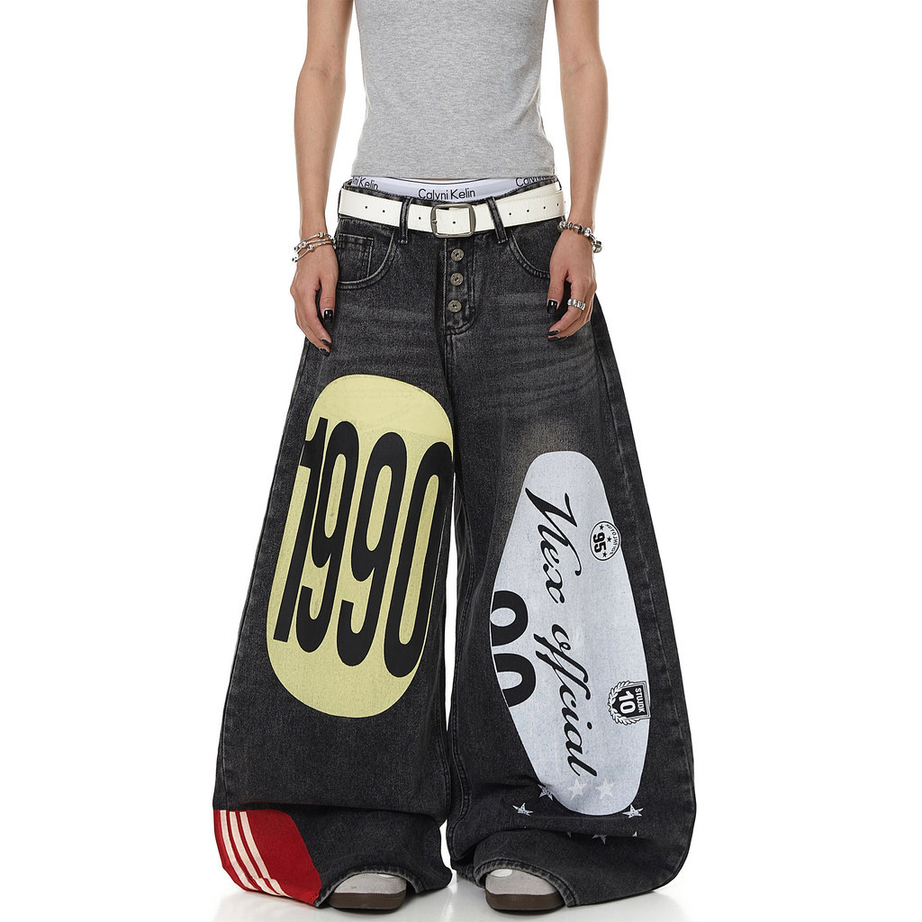 Batch 43 Network H833 หมายเลขการพิมพ์ขนาดใหญ่เย็บ Macete Washed Denim Black S ถึง 3XL