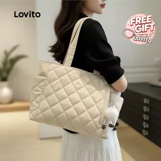 Lovito กระเป๋าถือสะพายไหล่ผ้าเนื้อหนา ทนทาน เหมาะสำหรับเดินทาง ใช้ในชีวิตประจำวัน ไปโรงเรียน/นักเรียน สไตล์เกาหลี สำหรับผู้หญิง LFA98022