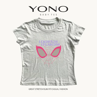 (พร้อมส่ง24ชม.) YONO baby tee สีชมพู ลายหน้ากากกับใยแมงมุมสีชมพู ทรงเข้ารูป สตรีท y2k