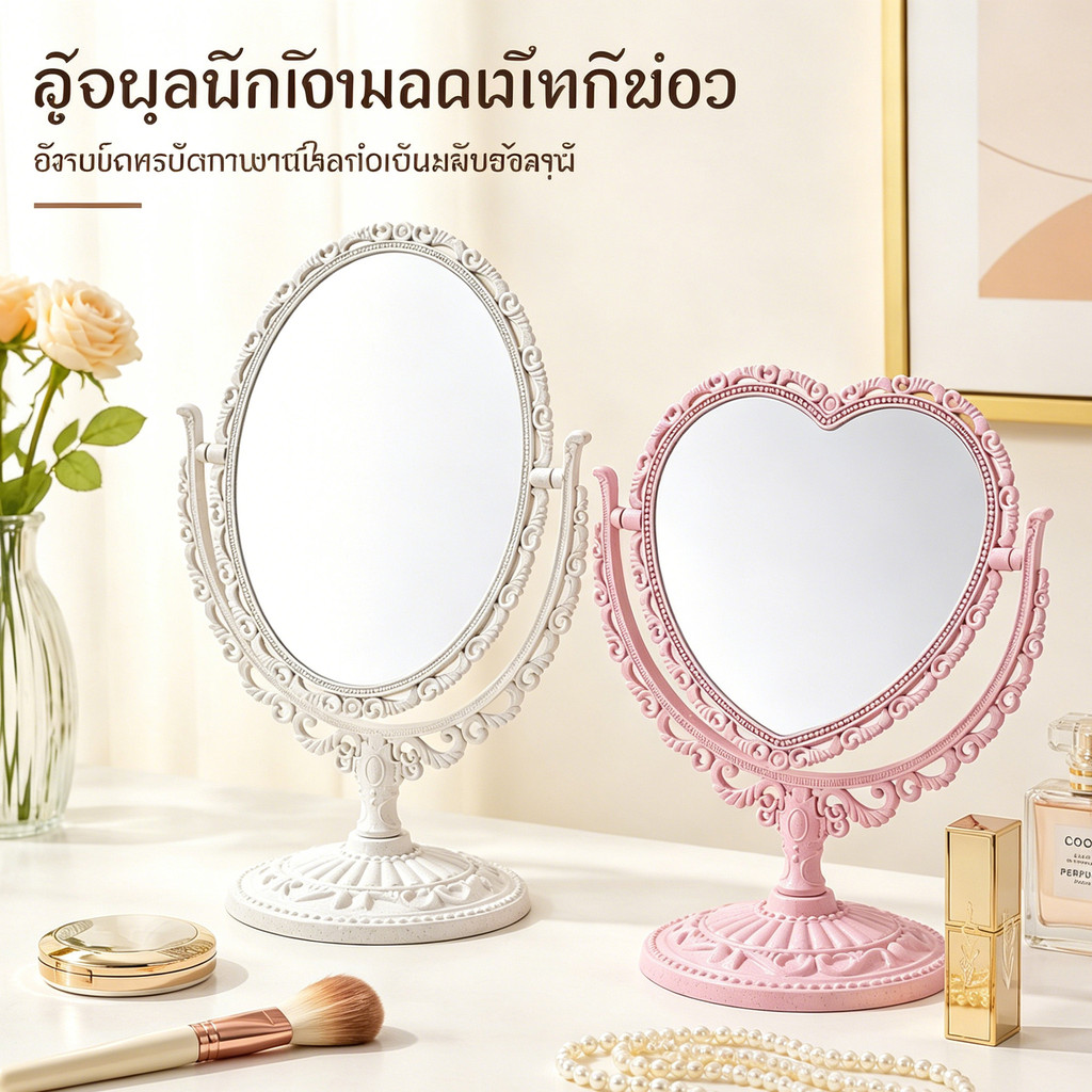 กระจกแต่งหน้าตั้งโต๊ะสำหรับผู้หญิงสไตล์วินเทจ กระจกหมุนได้สองด้าน กระจกทรงกลมสไตล์ยุโรปเรโทร เจ้าหญิง แต่งหน้า ตั้งโต๊ะ