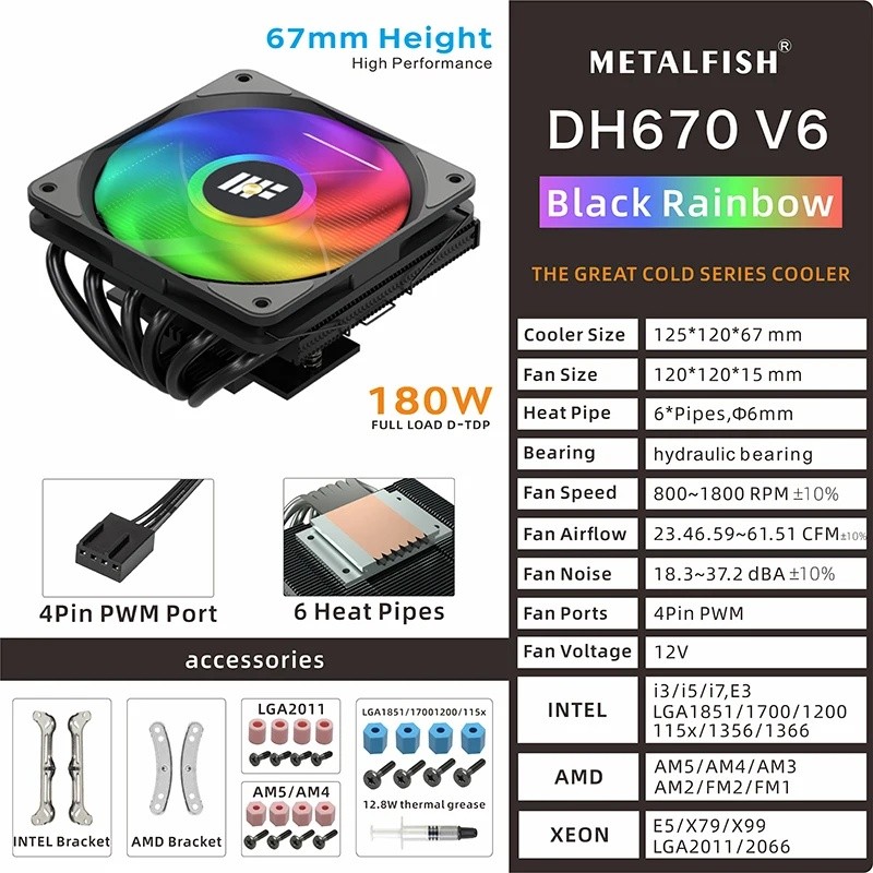 METALFISH DH670 Low Profile CPU Cooler 6 Heatpipes 67 มม.ความสูง ITX หม้อน้ํา CPU 120 มม.PWM พัดลมสํ