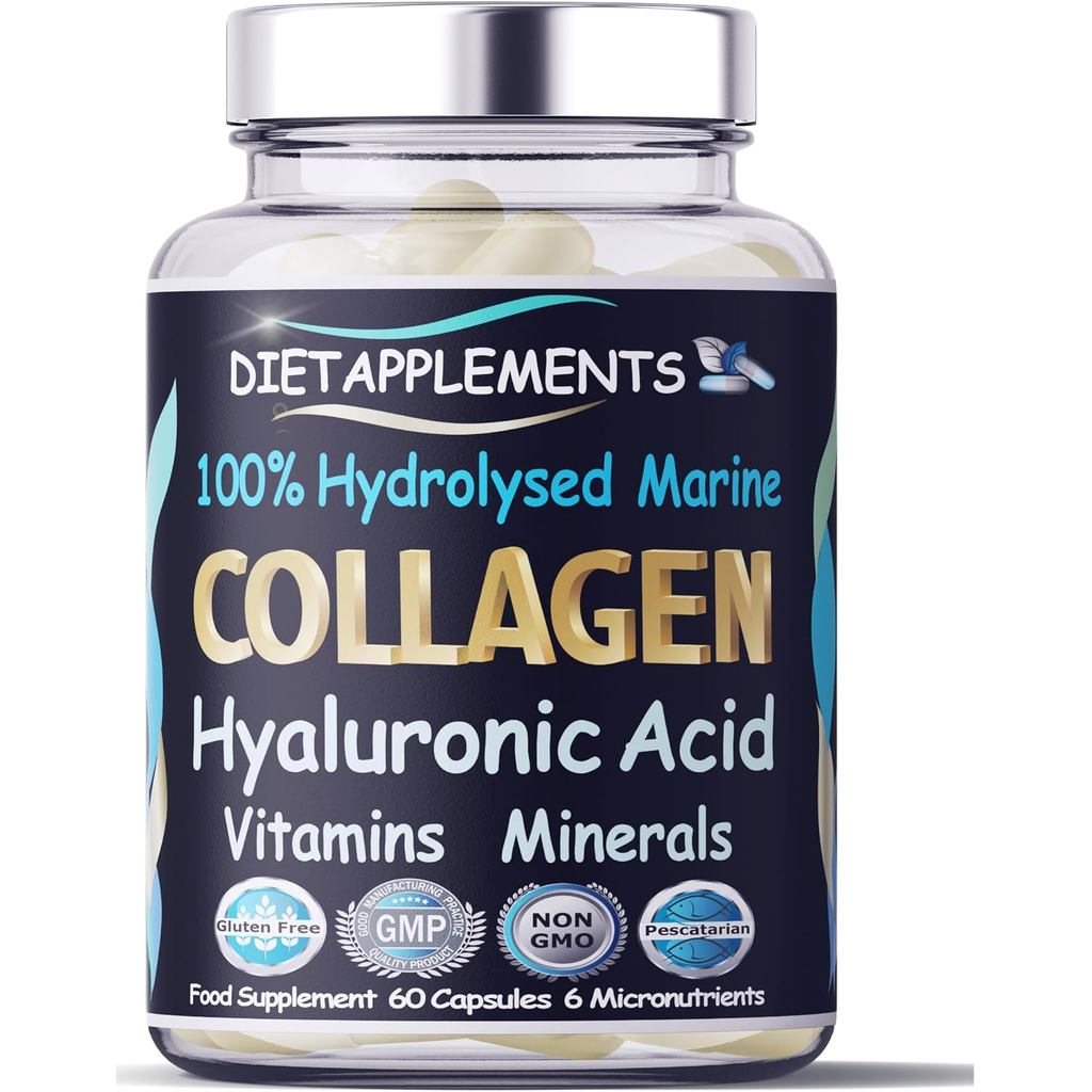 ผิวขั้นสูง ผม เล็บ กระดูก คอมเพล็กซ์ คอลลาเจนทางทะเลจาก Wild 1000mg, กรดไฮยาลูโรนิก 200mg; วิตามินซี