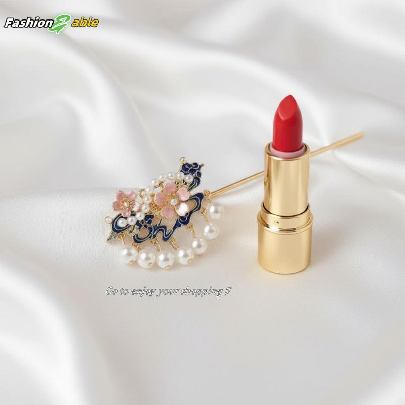 Fashion.shop03 กิ๊บติดผมไข่มุก Vintage จีนเคลือบดอกไม้ผู้หญิงปิ่นปักผม Elegant อุปกรณ์แบบดั้งเดิมคอส