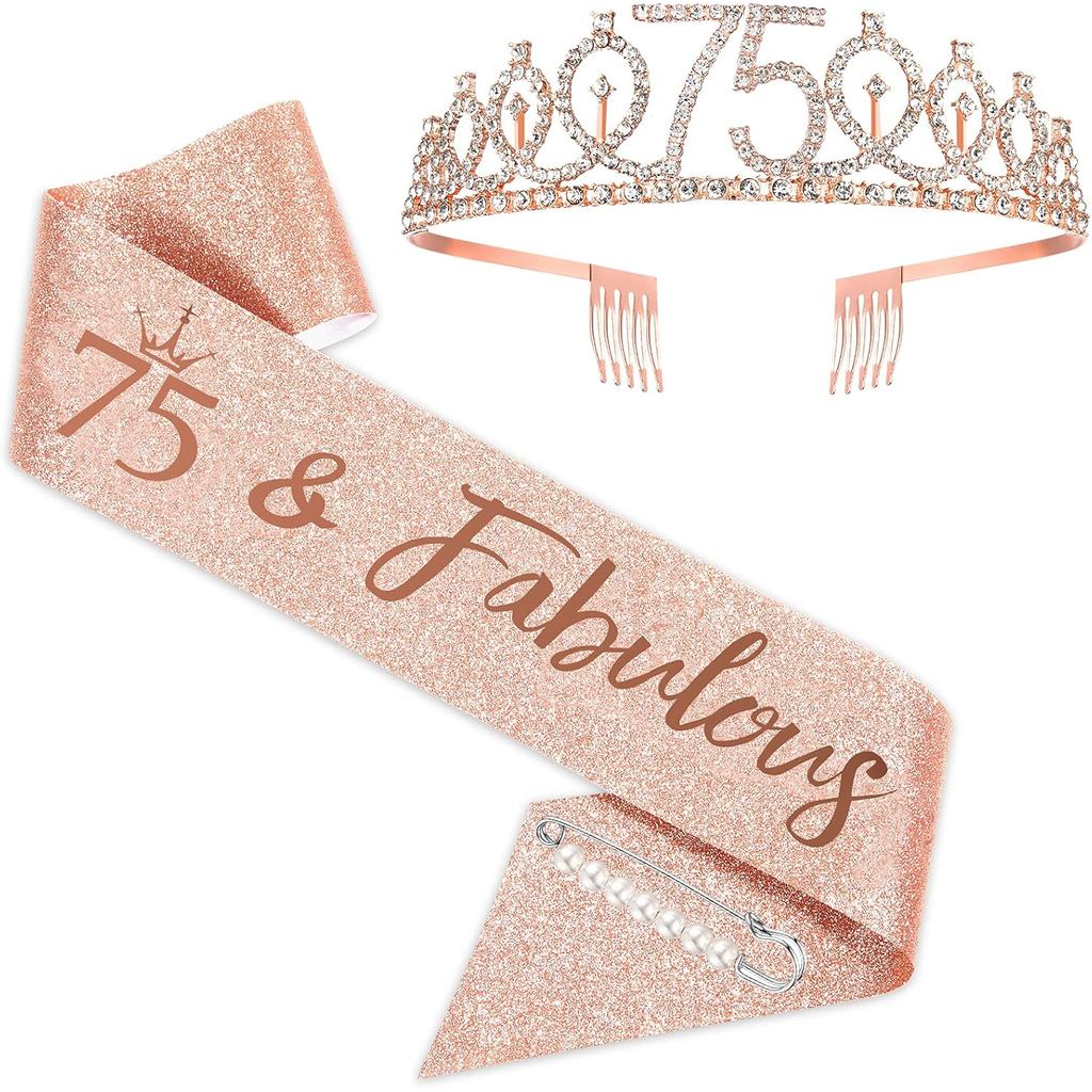 Rose Gold Birthday Tiara และ Sash สําหรับผู้หญิง, Fabulous 75th Birthday Party Favor