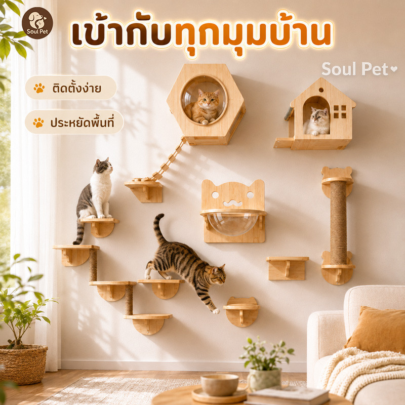 คอนโดแมวติดผนัง บันไดแมวติดผนัง คอนโดแมวไม้ พร้อมบันได ชั้นแมวติดผนัง ดีไซน์หลายชั้น ปราศจากฟอร์มาลดีไฮด์