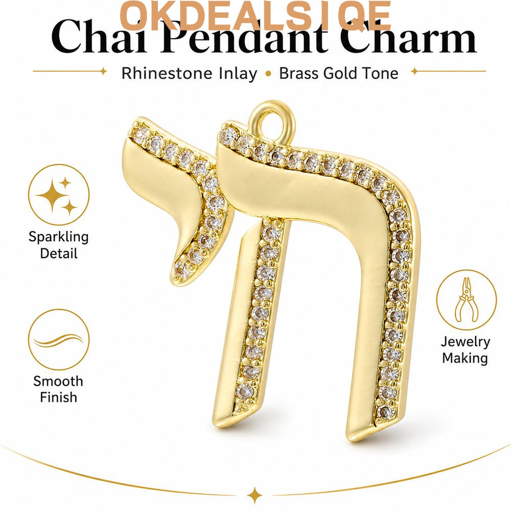 OKDEALS1QE Chai จี้,ทองเหลืองขัดเงา Hebrew จี้ตัวอักษร,ของขวัญ Rhinestone Inlay Top แขวนห่วง Gold To
