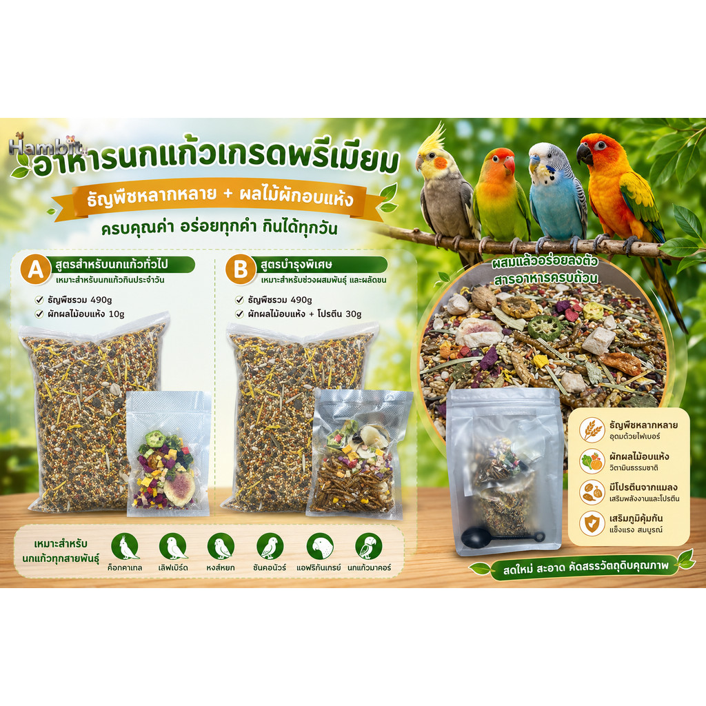 Hambit. อาหารนกแก้วพรีเมียม ธัญพืชรวมและผลไม้อบแห้ง เลือกได้ 2 สูตร