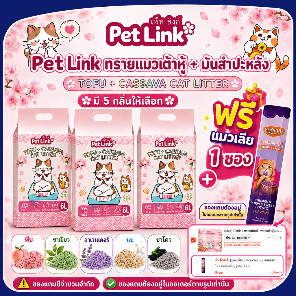 Petlink ทรายมันเต้า ทรายเต้าหู้ผสมทรายมันสำปะหลัง Tofu+Cassava (6L) ทิ้งลงชักโครกได้ ไม่มีฝุ่น จับตัวไว