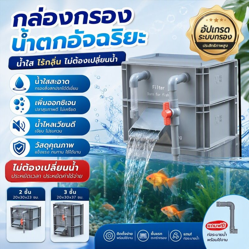 NEW กล่องกรองตู้ปลา กรองตู้ปลา น้ำตก ไม่ต้องเปลี่ยนน้ำ ทำให้น้ำสะอาด เพิ่มออกซิเจน ปกป้องสุขภาพของปลา