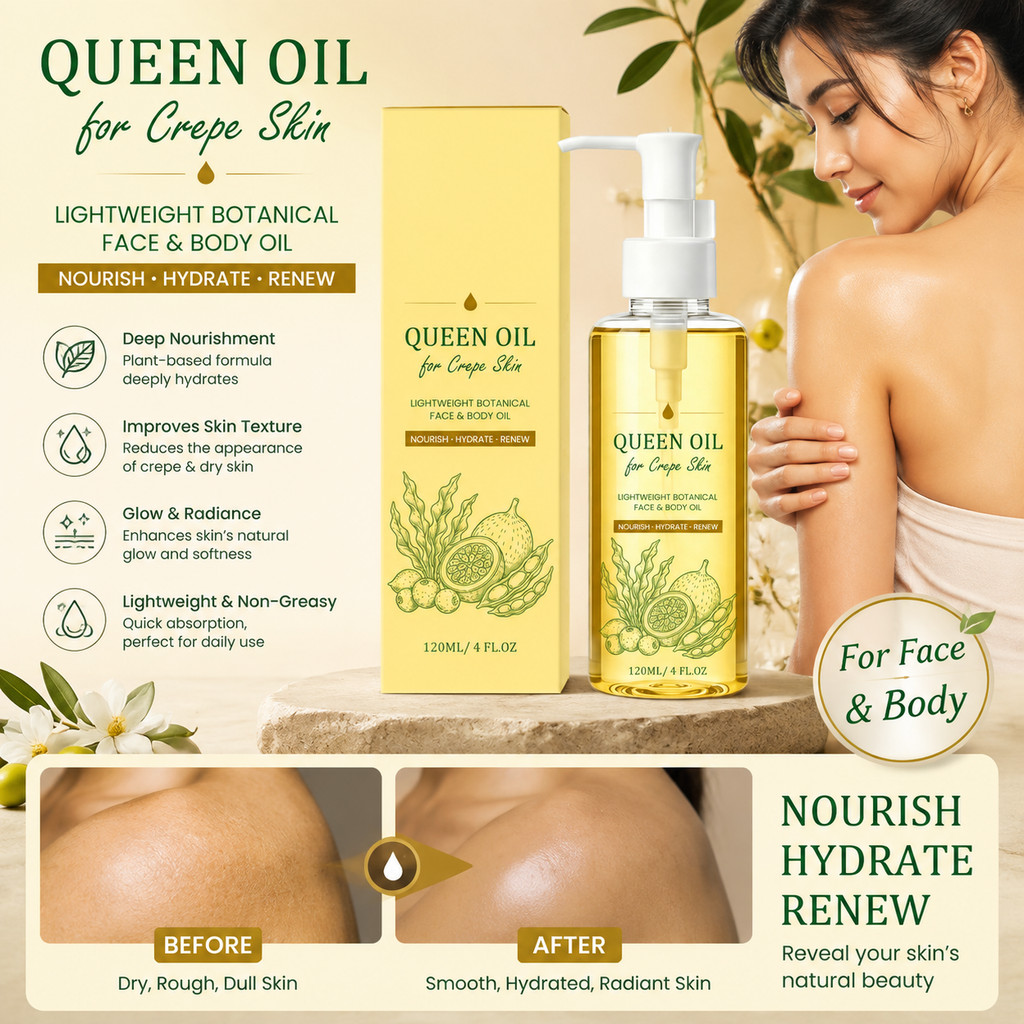 Queen Crepe Skin Renew Oil 120ml, Lightweight Botanical Face & Body Nourisher, Silky Smooth Daily Hy