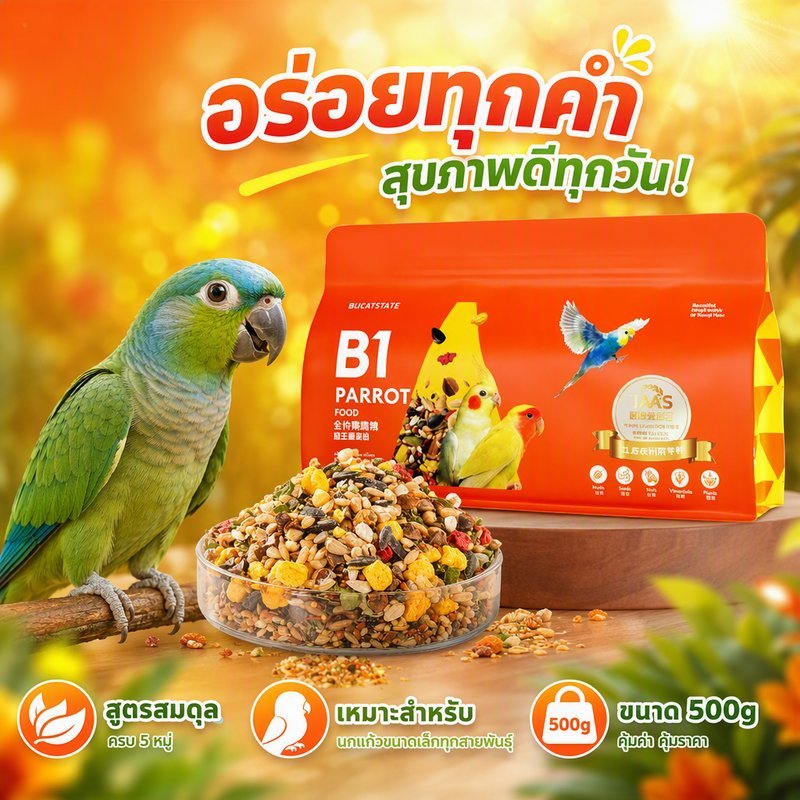 อาหารนกแก้ว เม็ดธัญพืช 500g ผสมโปรไบโอติก เมล็ดเจีย แฟลกซ์ แคนารี สำหรับฟอพัส กรีนชีค ค๊อกคาเทล