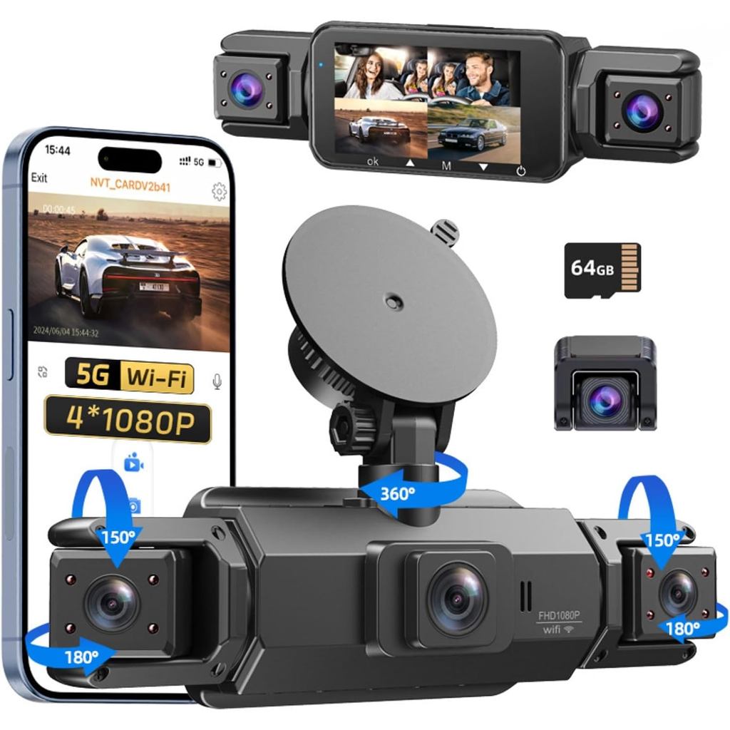 Dash Cam ไร้สายด้านหน้าและด้านหลัง, กล้อง Dash 4 ช่องสําหรับรถยนต์, 4K Dash Cam พร้อม WiFi 5G, การ์ด