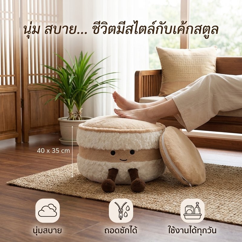 สตูลวางเท้า รูปเค้ก เก้าอี้พักเท้า นุ่ม ถอดซักได้ ผ้านุ่ม รับแรงดี ใช้เปลี่ยนรองเท้า แต่งห้อง